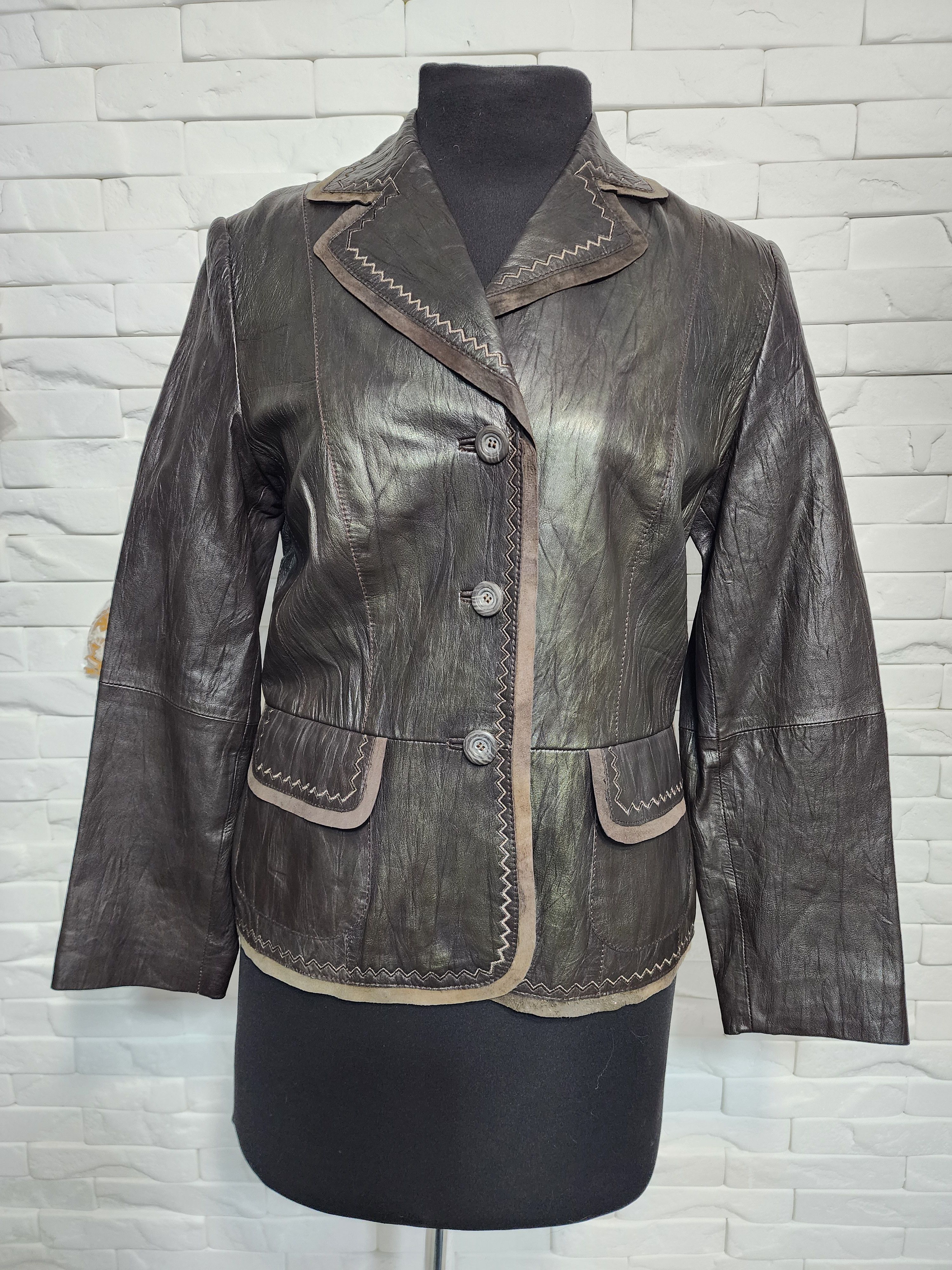 Other Brown Leather Jacket: Women's Blazer with Stitching Size M / US 6-8 / IT 42-44 - 1 Thumbnail