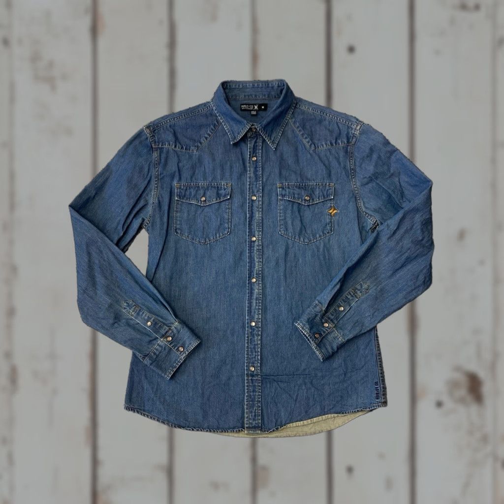 Hurley Hurley Mens Denim Jean Pearl Snap Shirt Medium Blue Long Sleeve Western Casual Workwear Size US M / EU 48-50 / 2 - 1 Thumbnail