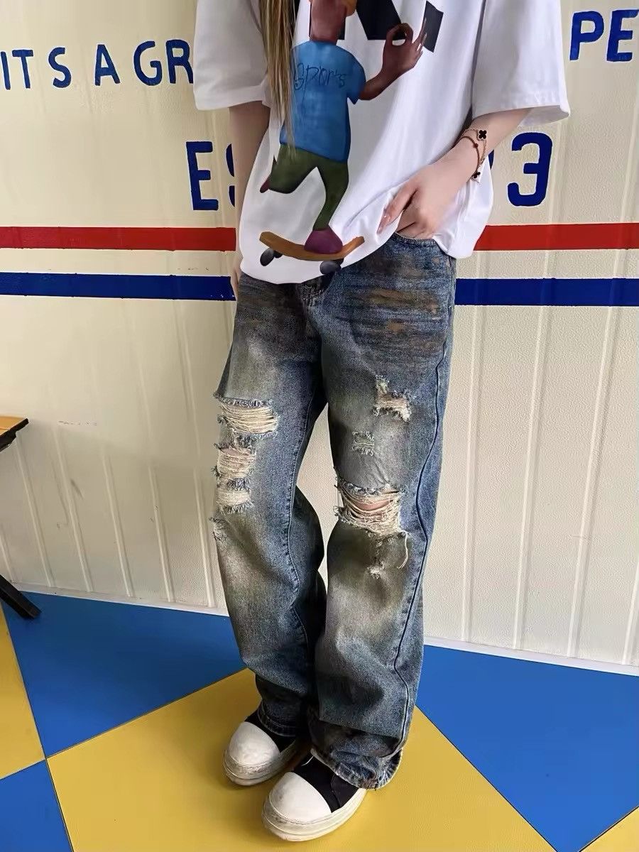 Jean Vintage Dirty Blue Distressed Hole Jeans Unisex Size US 33 - 5 Thumbnail