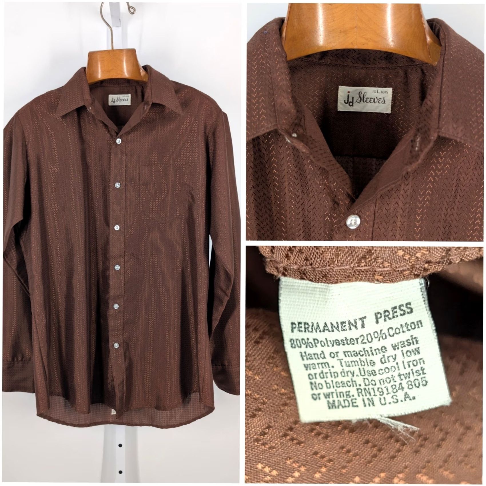 Vintage VINTAGE 1970s JD Sleeves Brown Geometric Jacquard Button-Front Shirt L USA Glossy Disco Party 44 Mens Size US L / EU 52-54 / 3 - 2 Thumbnail