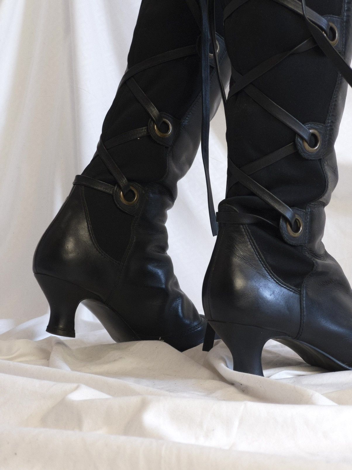 Vintage Black lace-up knee high boots with elastic back panel Size US 9 / IT 39 - 6 Thumbnail