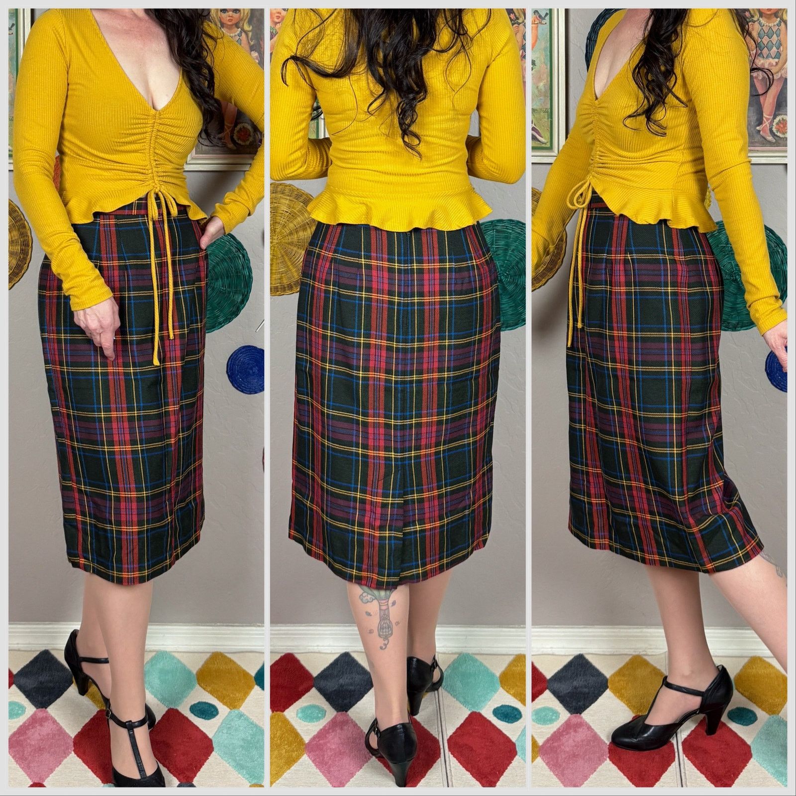 Bill Blass × Vintage Vintage 1980s Green Tartan Plaid Pencil Skirt Size 28" / US 6 / IT 42 - 2 Thumbnail