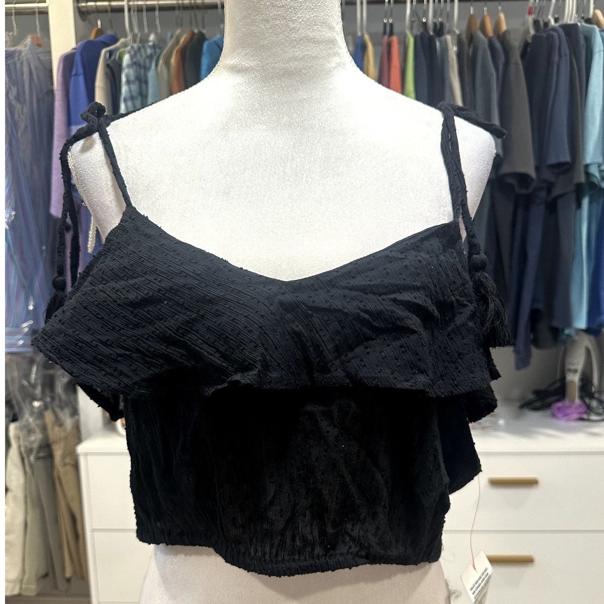 Topshop Topshop Women's Black Ruched Crop Top Tassel Tie Straps 12 Size XL / US 12-14 / IT 48-50 - 2 Thumbnail