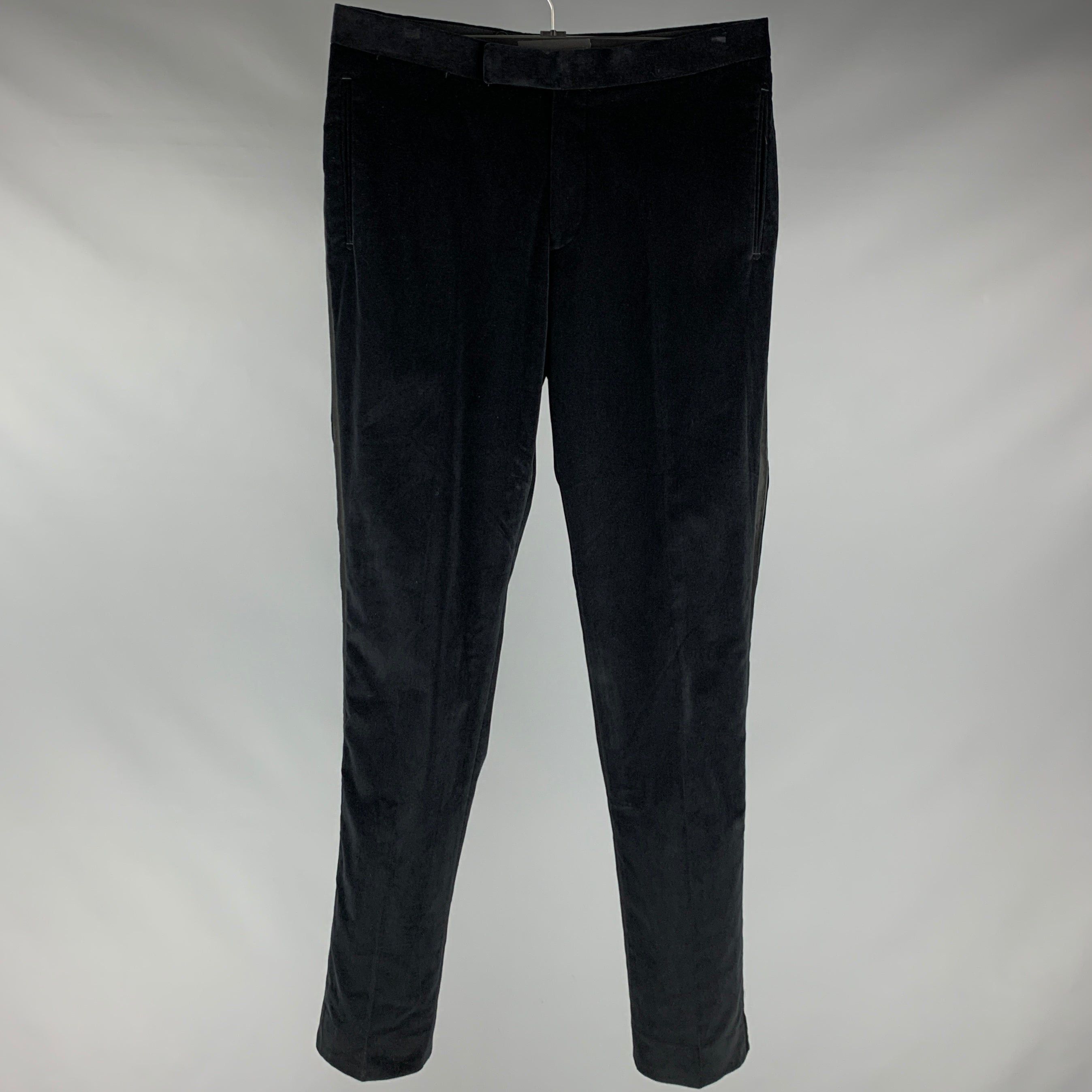image of Suitsupply Black Velvet Cotton Elastane Tuxedo Dress Pants, Men's (Size 32)