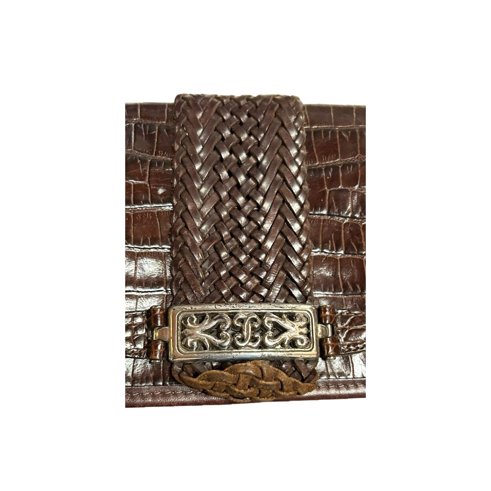 Brighton VINTAGE Brighton Queen of Love Croc Leather Shoulder Bag Tote Purse Black Brown Women’s Bag Charm Silver Hardware 12in 12in Size ONE SIZE - 5 Thumbnail
