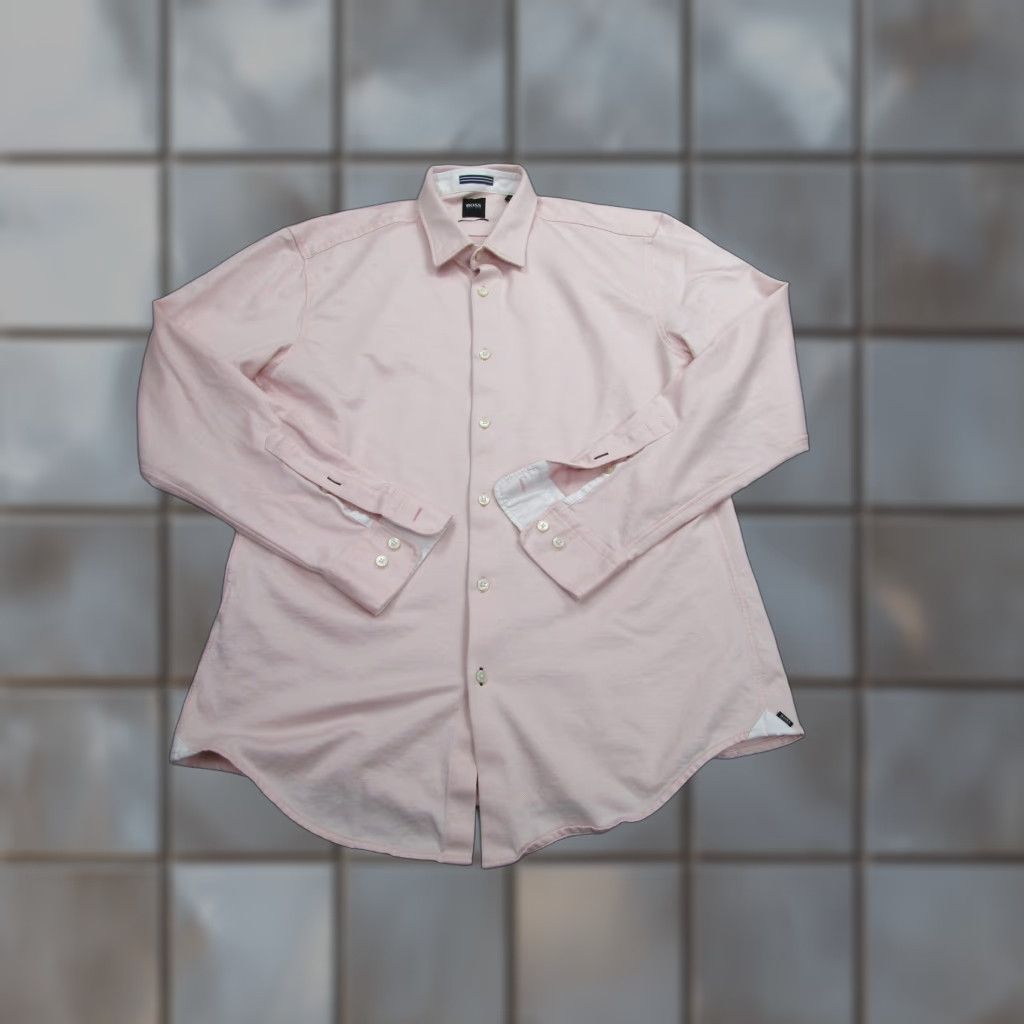 VINTAGE Boss Hugo Boss Dress Shirt Mens XL Pink Slim Fit Long Sleeve Cotton Classic 2000s