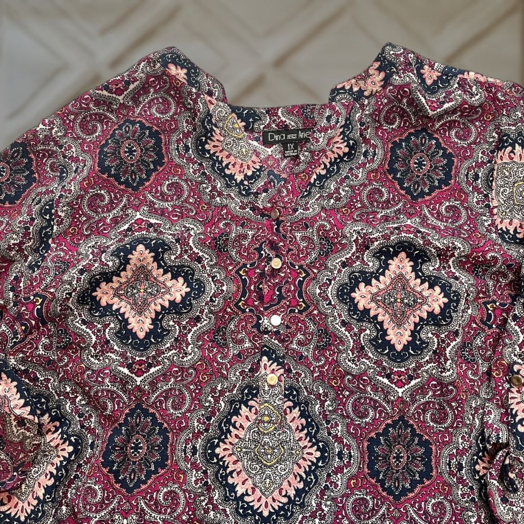 Vintage Dina and Ariel Blouse Top Womens 1X Dark Red Jacobean Long Sleeve V Neck Ladies Size XL / US 12-14 / IT 48-50 - 1 Thumbnail