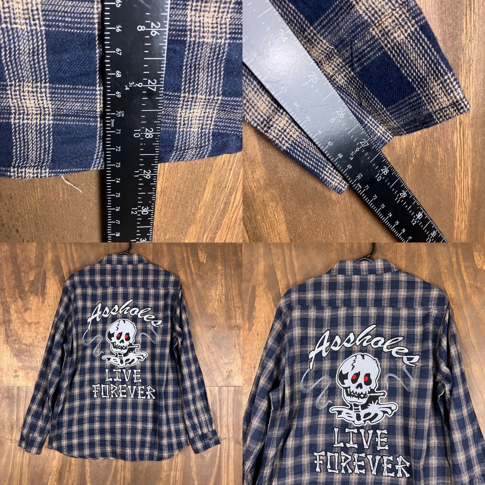 Vintage VINTAGE A51117holes Live Fovrever Mens Shirt Plaid Button-Down Cotton Blend L Navy Beige (Collared, Long Sleeve) Mens Size US L / EU 52-54 / 3 - 8 Thumbnail