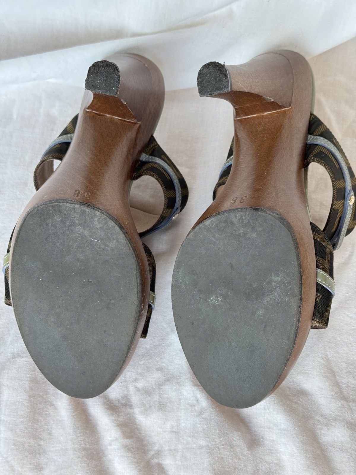 Fendi Fendi Tobacco Canvas Leather Trim Logo Wooden Mules Clogs Size US 7 / IT 37 - 12 Thumbnail