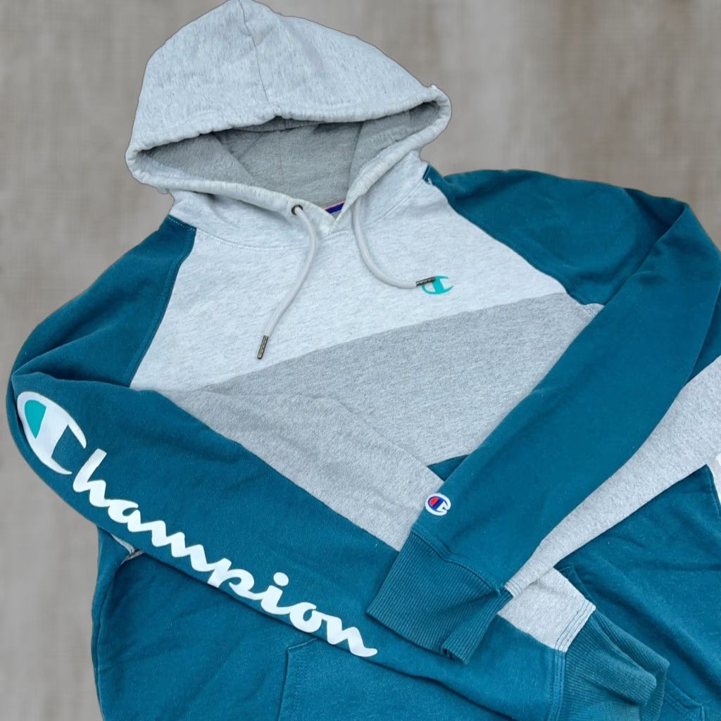 Champion Champion Hoodie Men Medium Green Gray Sweatshirt Colorblock Logo Graphic Print Hooded Pockets Reverse Weave 90s Sport Mens Size US M / EU 48-50 / 2 - 1 Thumbnail