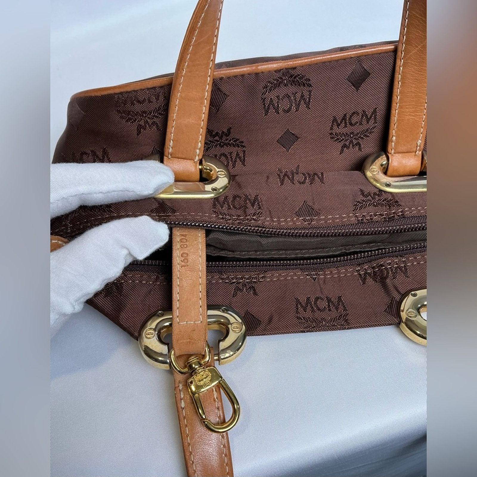 MCM MCM Chestnut Brown Visetos Monogram Nylon Tote Bag Gold Trim Size ONE SIZE - 8 Thumbnail