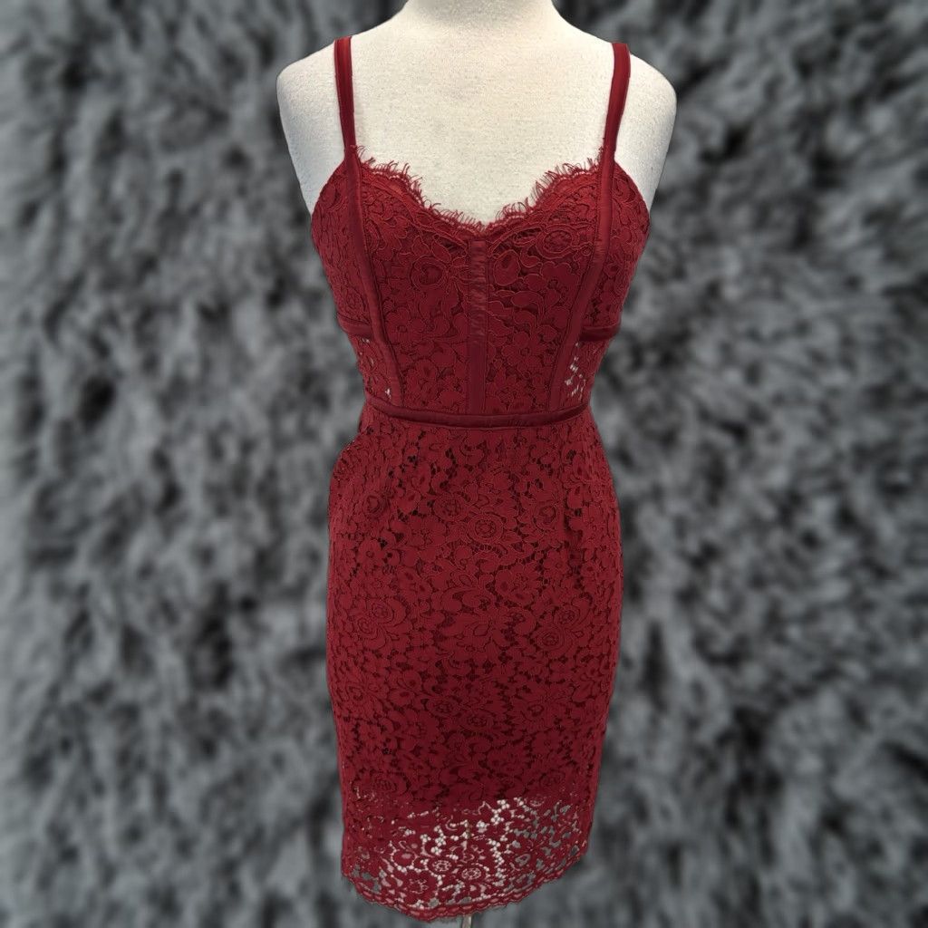 Express Express Lace Overlay Dress Women’s Red Knee Length Bodycon Sleeveless Zip Size 4 Size S / US 4 / IT 40 - 1 Thumbnail