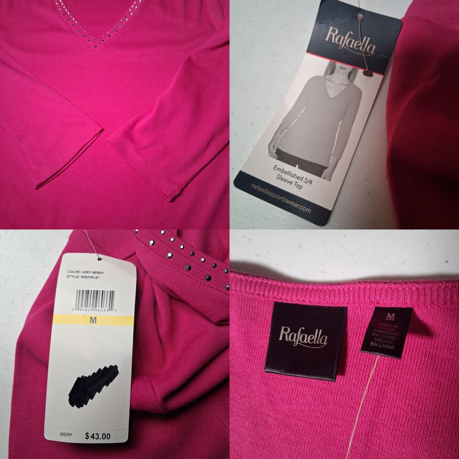 Vintage Rafaella Shirt Women M V-Neck Pink Knit Cotton Long Sleeve Studded NEW Size M / US 6-8 / IT 42-44 - 8 Thumbnail