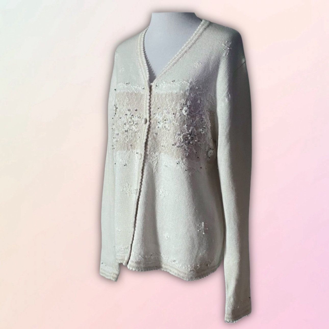 Vintage Beige Snowflake Embroidered Button Down Sweater
