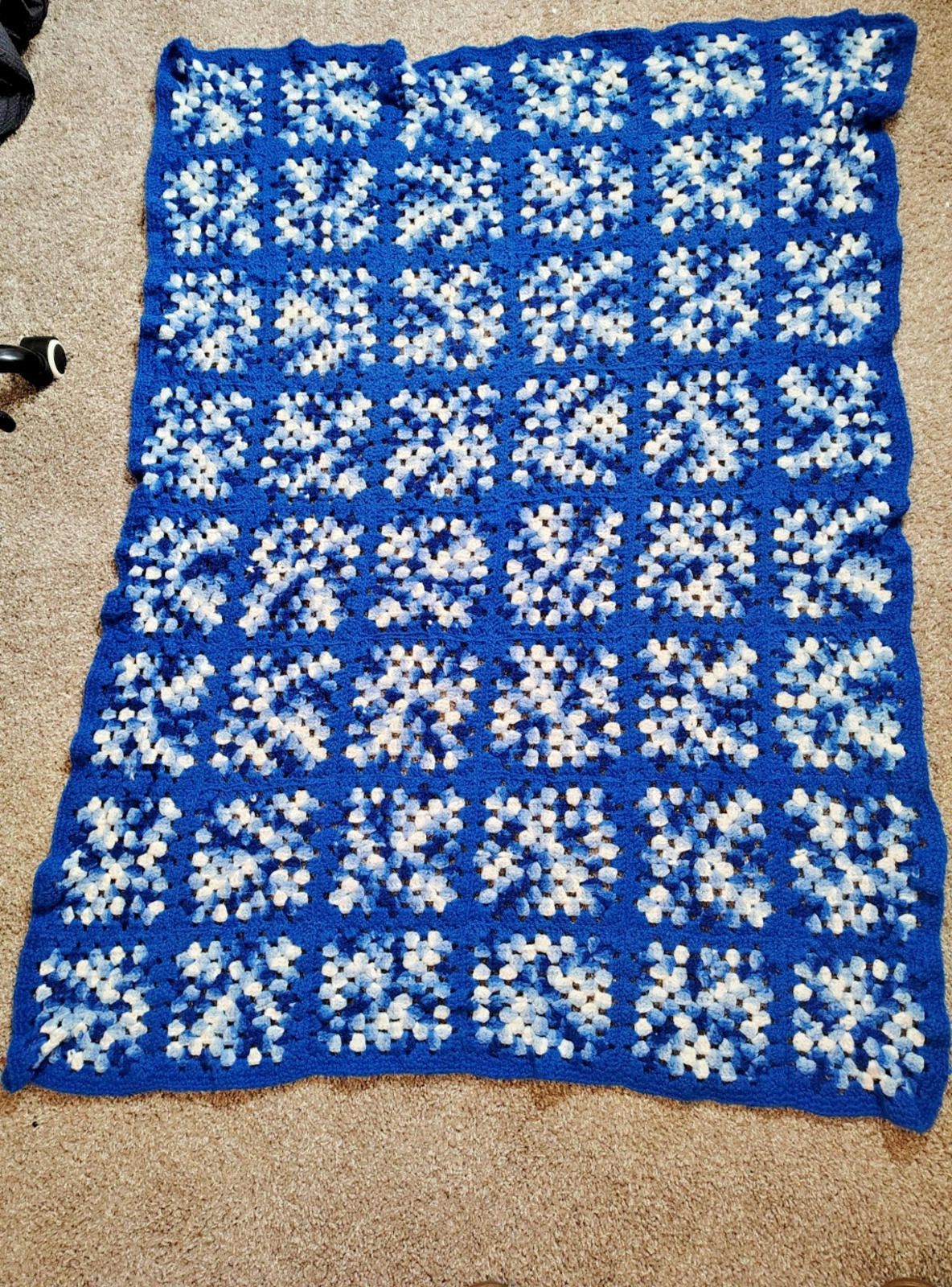 Team Cozy VTG Granny Crochet Knit Square Blue White hand made blanket Size ONE SIZE - 1 Thumbnail