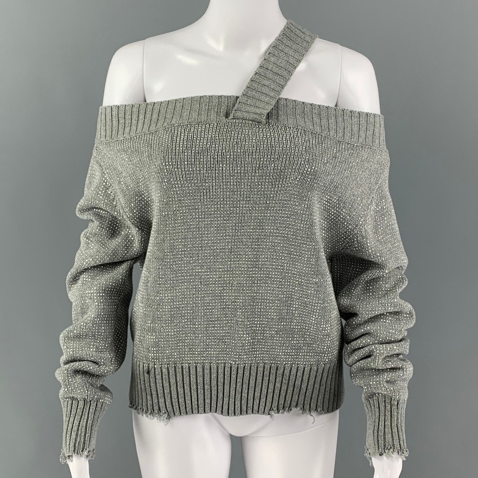 Size S Silver Grey Cotton Studded Off-Shoulder Pullover