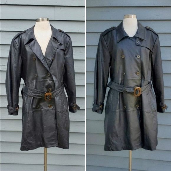 Vintage 90s y2k Black Leather Double Breasted Belted Trench