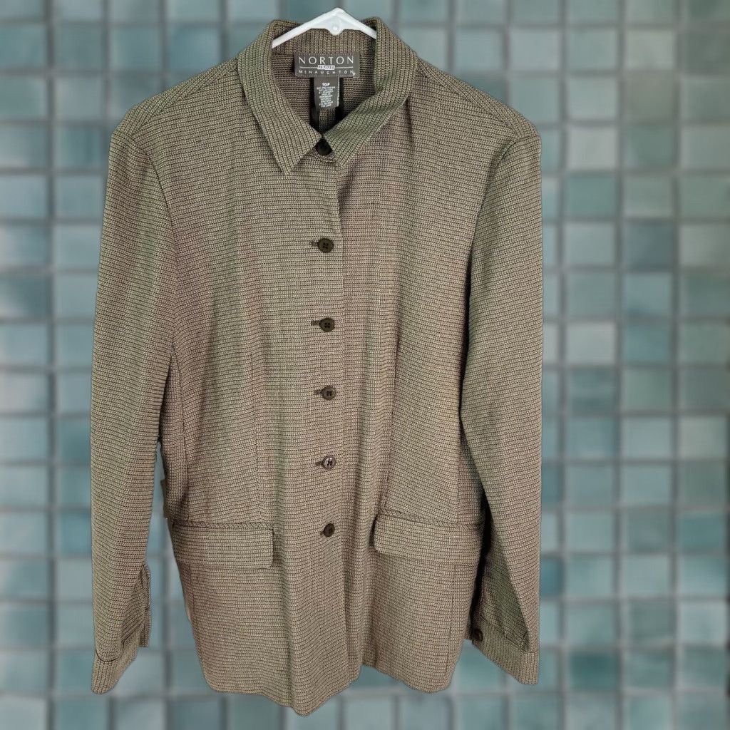 Vintage Norton McNaughton Blazer Jacket 10P Womens Collared Button Front Long Sleeves Tan Brown Solid Classic Casual Knit? Size L / US 10 / IT 46 - 1 Thumbnail