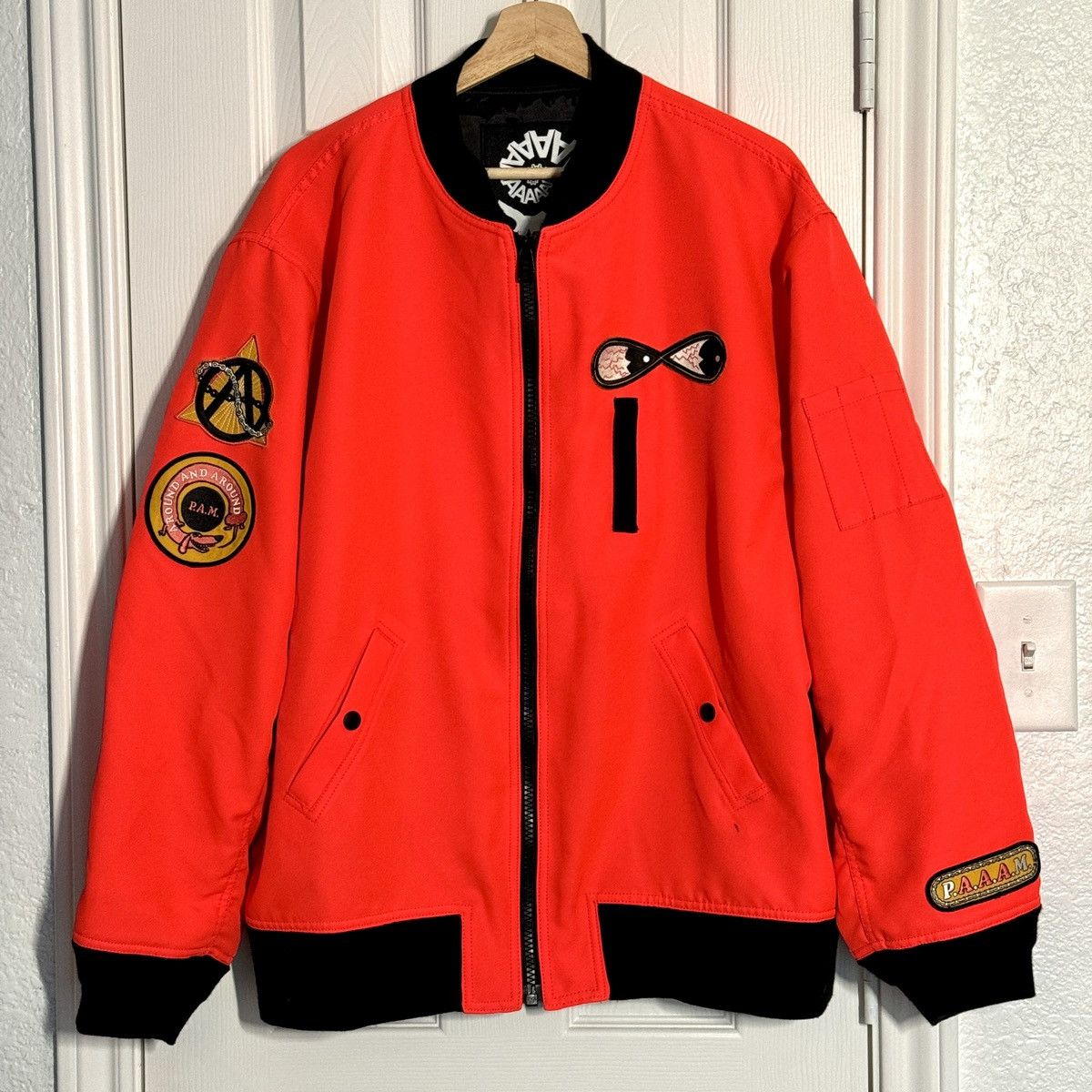 image of Perks And Mini Red/orange Patch Bomber Jacket XL in Hot Red, Men's