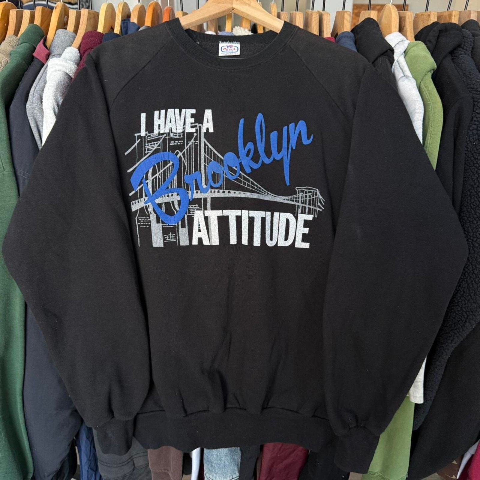 Anvil Vintage 80s Brooklyn Attitude Sweatshirt On Anvil Tag Black Size US XL / EU 56 / 4 - 2 Thumbnail