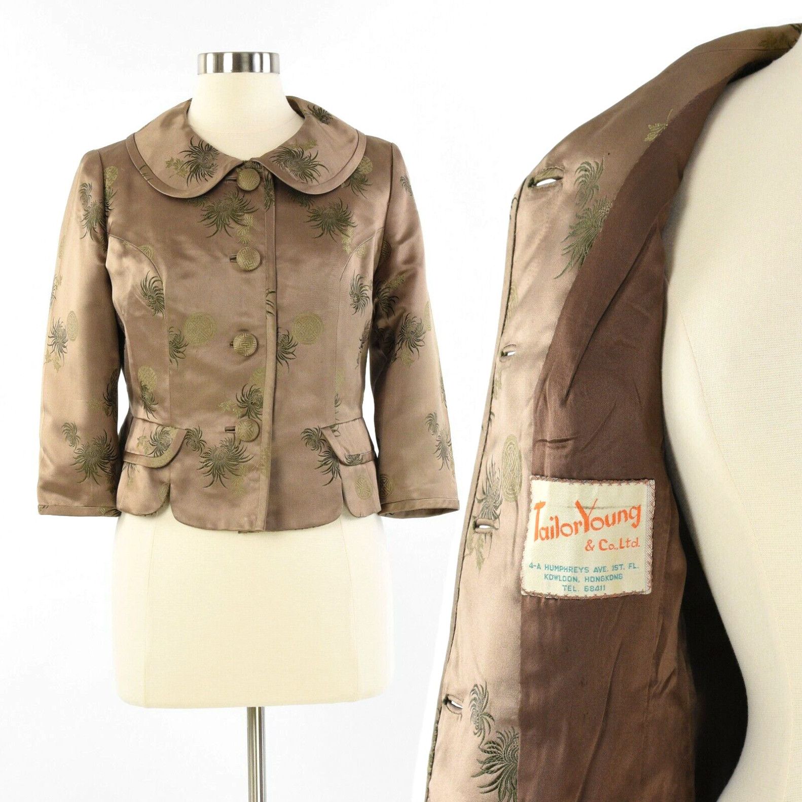 image of 60S Vintage Shimmering Brown Silk Asian & Floral Print 4 Button Blazer Womens M in White