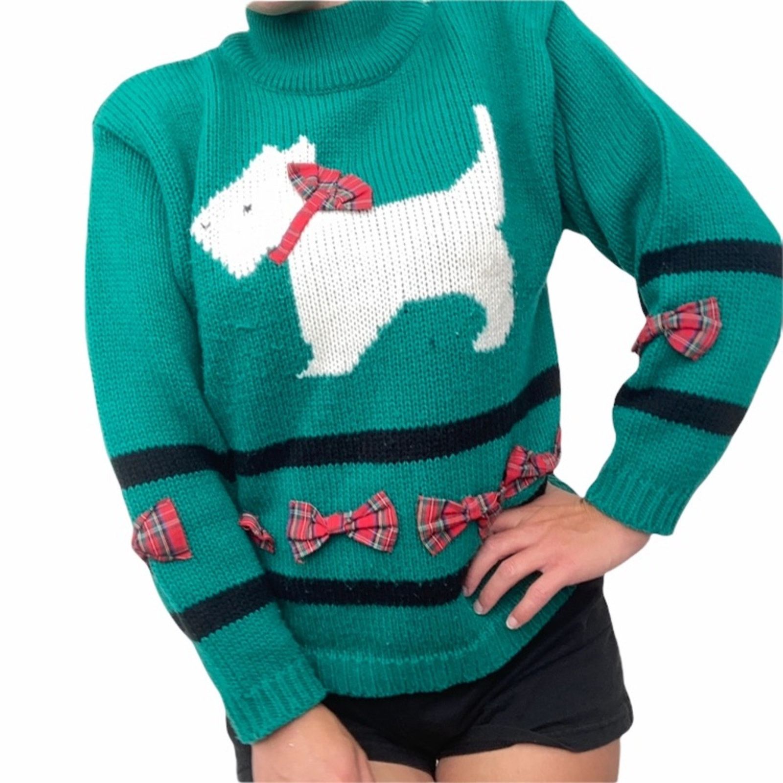 Vintage Vintage Green Scottie Dog Sweater Plaid Bows Sz S Size S / US 4 / IT 40 - 1 Thumbnail
