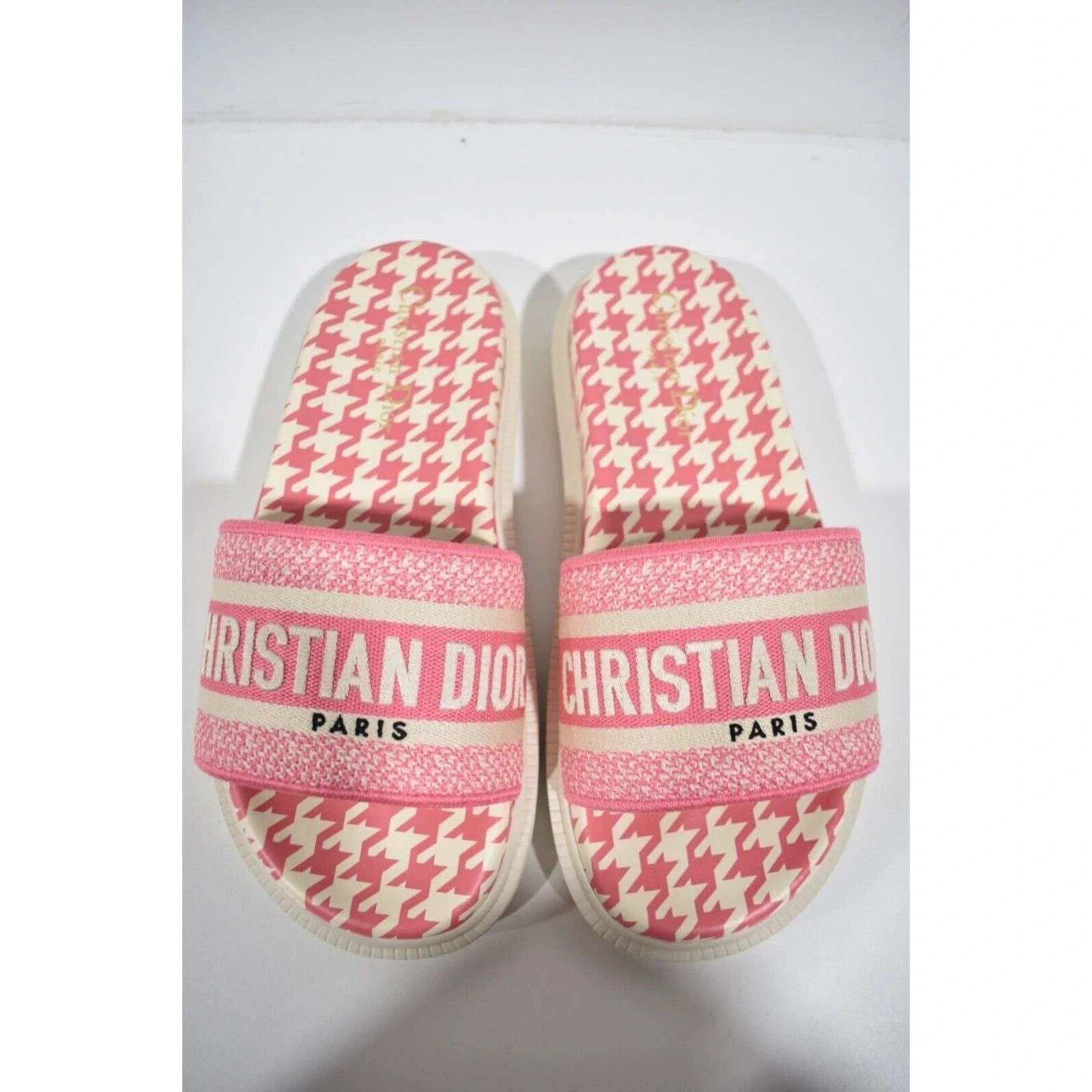 Dior Christian Dior Dway Pink White Logo Houndstooth Slide Mule Size US 8.5 / IT 38.5 - 8 Thumbnail