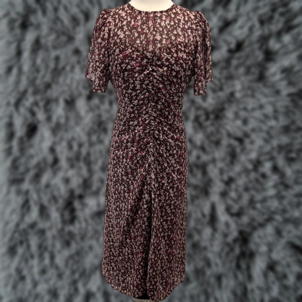 Vintage Mila Mae Floral Midi Dress Sz Small Maroon Ruched Center Cottage Core Boho NWOT! Size S / US 4 / IT 40 - 1 Thumbnail