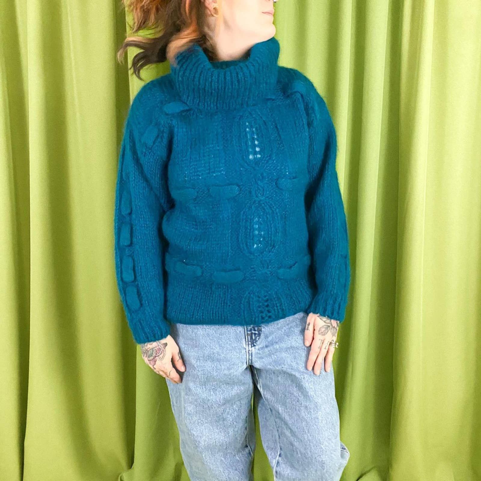 Vintage 80s Vintage Teal Chunky Knit Turtleneck Mohair Blend Sweater Grailed