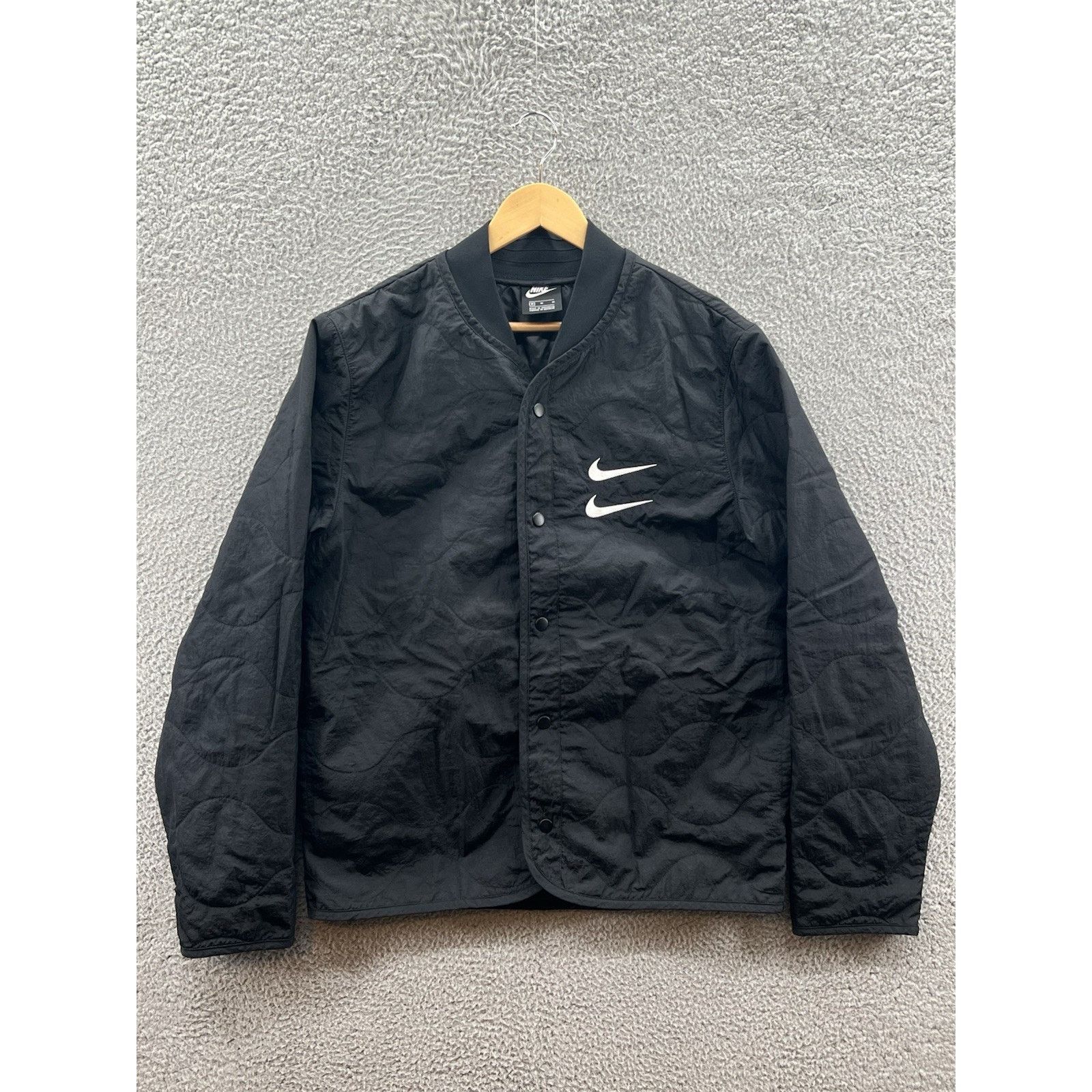 Nike Jacket Black Double Swoosh Quilted Nylon Bomber Jacket
