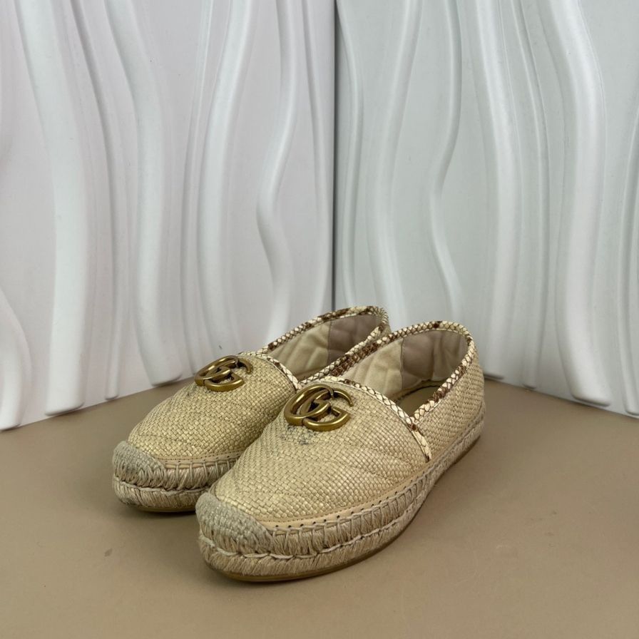 Gucci Gucci Womens Straw Espadrille Flats With Double G Logo Natur Size US 5 / IT 35 - 1 Thumbnail