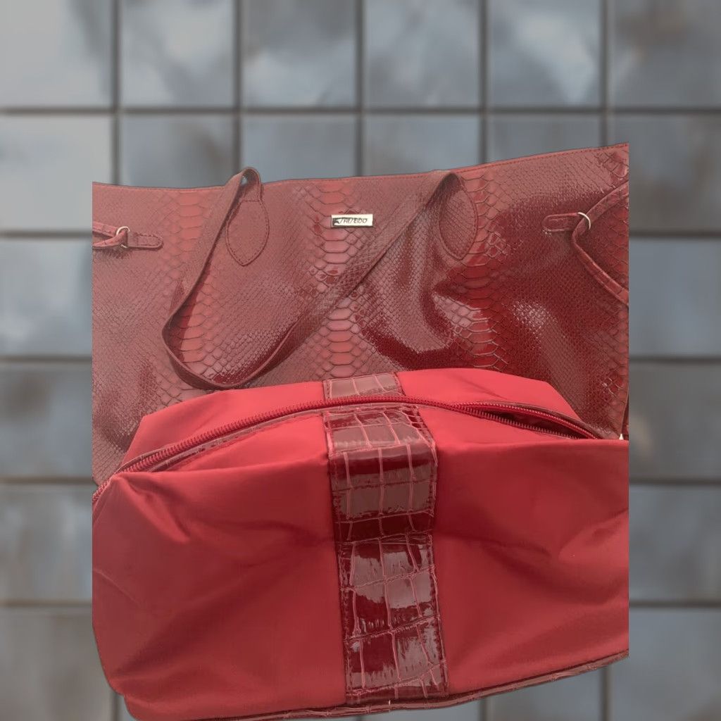 VINTAGE Shiseido Tote Bag Large Red Python Skin Pattern Women 12.5 Inch Fashion Crossbody