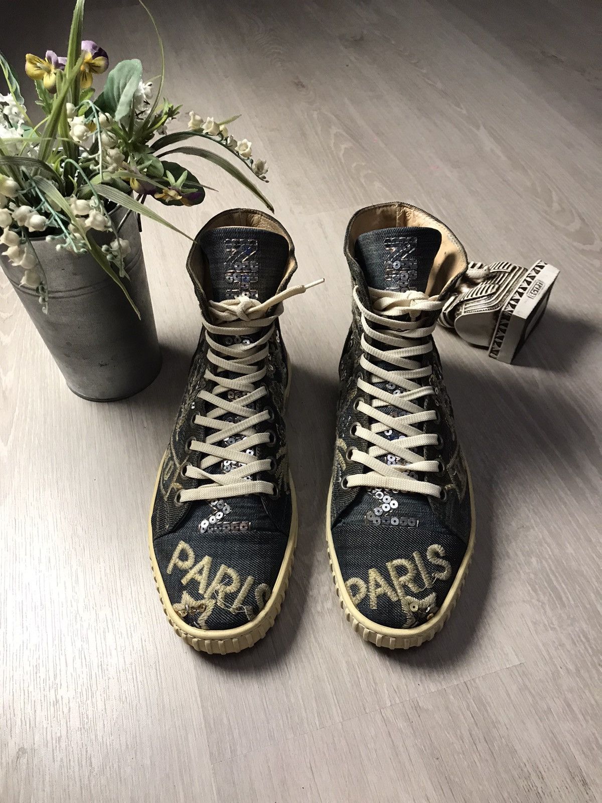 John Galliano Galliano High top denim rhinestones sneakers Size US 6 / EU 39 - 2 Thumbnail