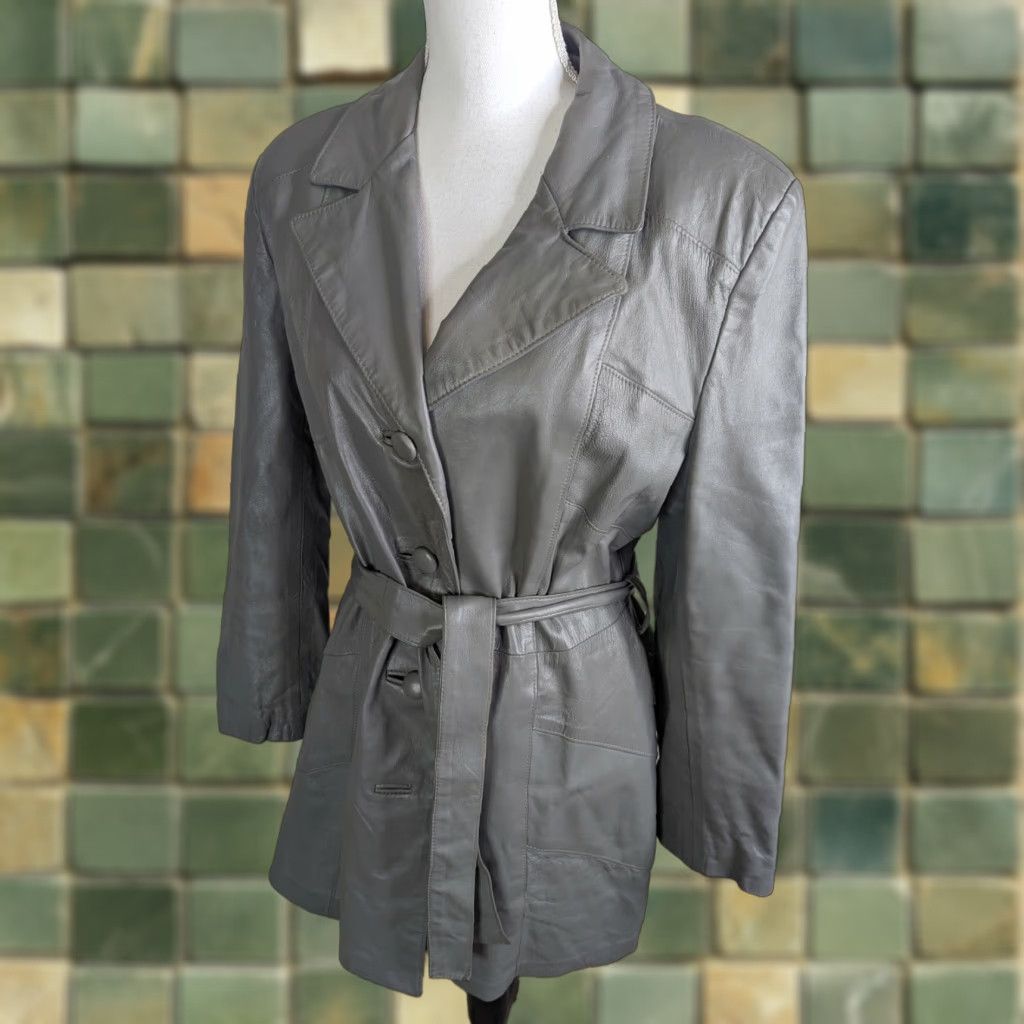Vintage VINTAGE Dani Belted Leather Tie Waist Coat Jacket Gray L Women’s Coat Size L / US 10 / IT 46 - 1 Thumbnail