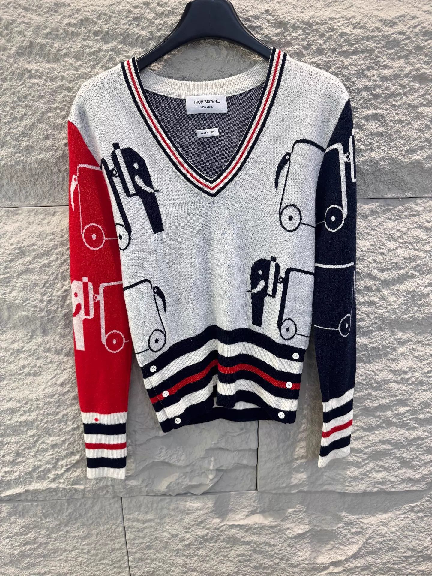 Thom Browne Multi Color V-Neck Knit Sweater with Vehicle Prints Size US S / EU 44-46 / 1 - 1 Thumbnail