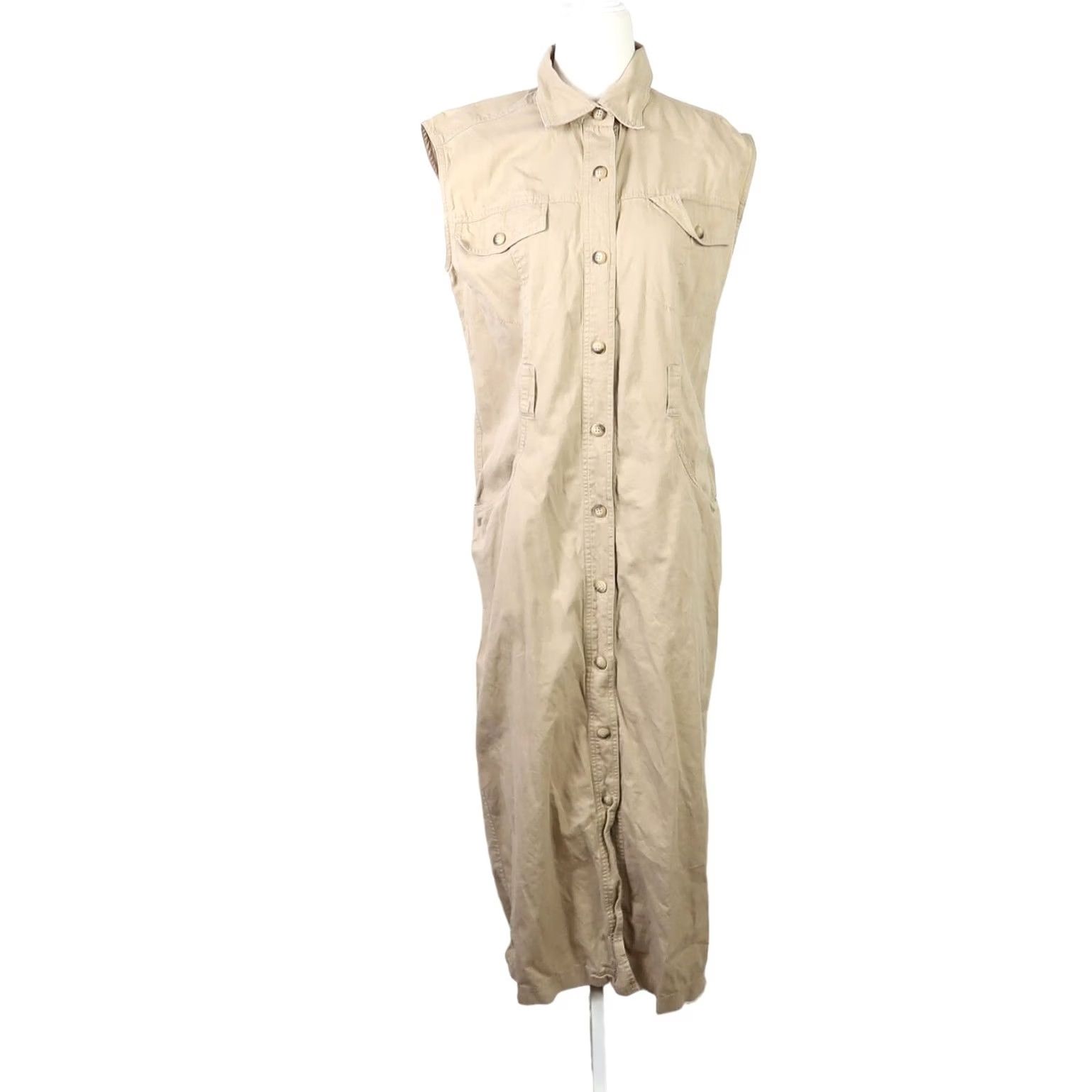Vintage VINTAGE Rafaella Shirt Dress 90s Button Front Sleeveless Midi 8 Tan Women Menop Casual Workwear Size M / US 6-8 / IT 42-44 - 2 Thumbnail