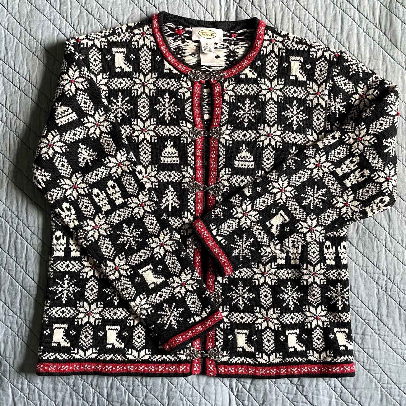 Talbots VTG Talbots Nordic Fair Isle Snowflake Button Up Sweater Cardigan S Black Cotton Size S / US 4 / IT 40 - 7 Thumbnail