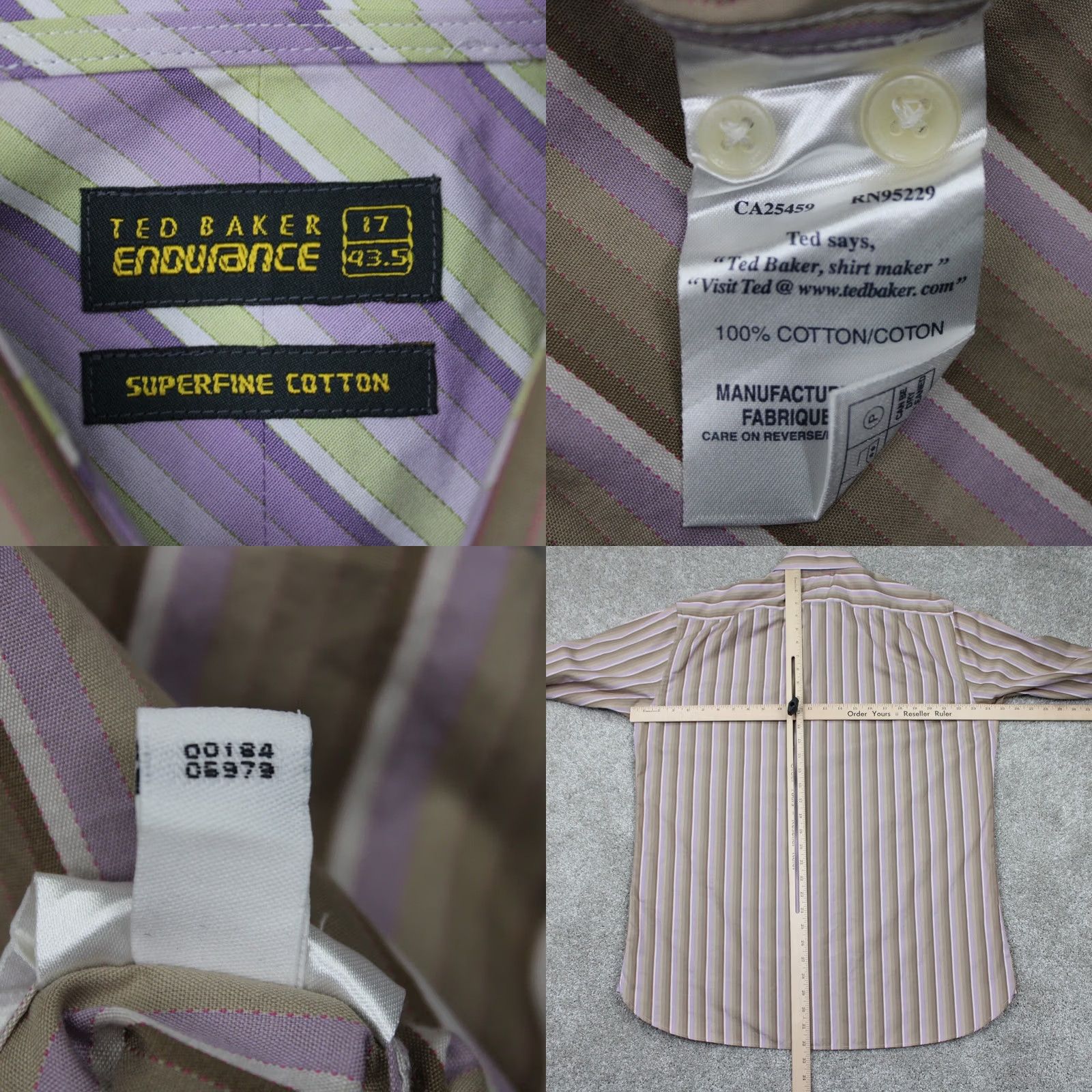 Ted Baker Ted Baker Dress Shirt Men 17, 43.5 Brown/Purple Cotton Long Sleeve French Cuff L/S Button-Down 90s London Dress Shirt Mens Size 46R - 8 Thumbnail