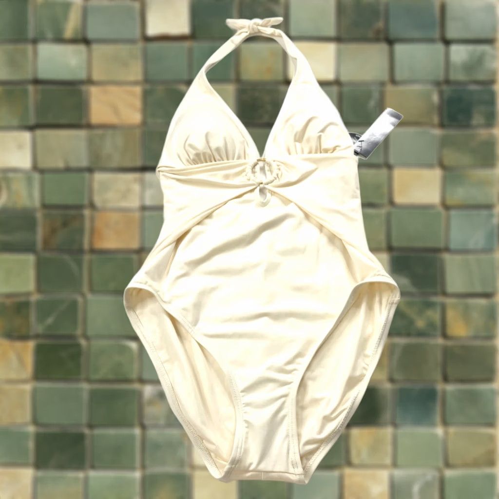 Vintage Carmen Marc Valvo One Piece Swimsuit Ivory Nylon Spandex 14 Adult Women Retro Wide Straps Removable Pads Shirred Smoothing Liner Solid Pattern Denim? Size ONE SIZE - 1 Thumbnail