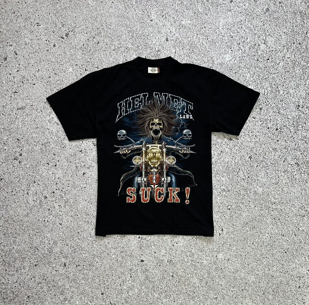 Band Tees × Vintage Vintage 90’s Helmet Laws Suck Skeleton On A Bike Rock Tee Size US XL / EU 56 / 4 - 1 Thumbnail
