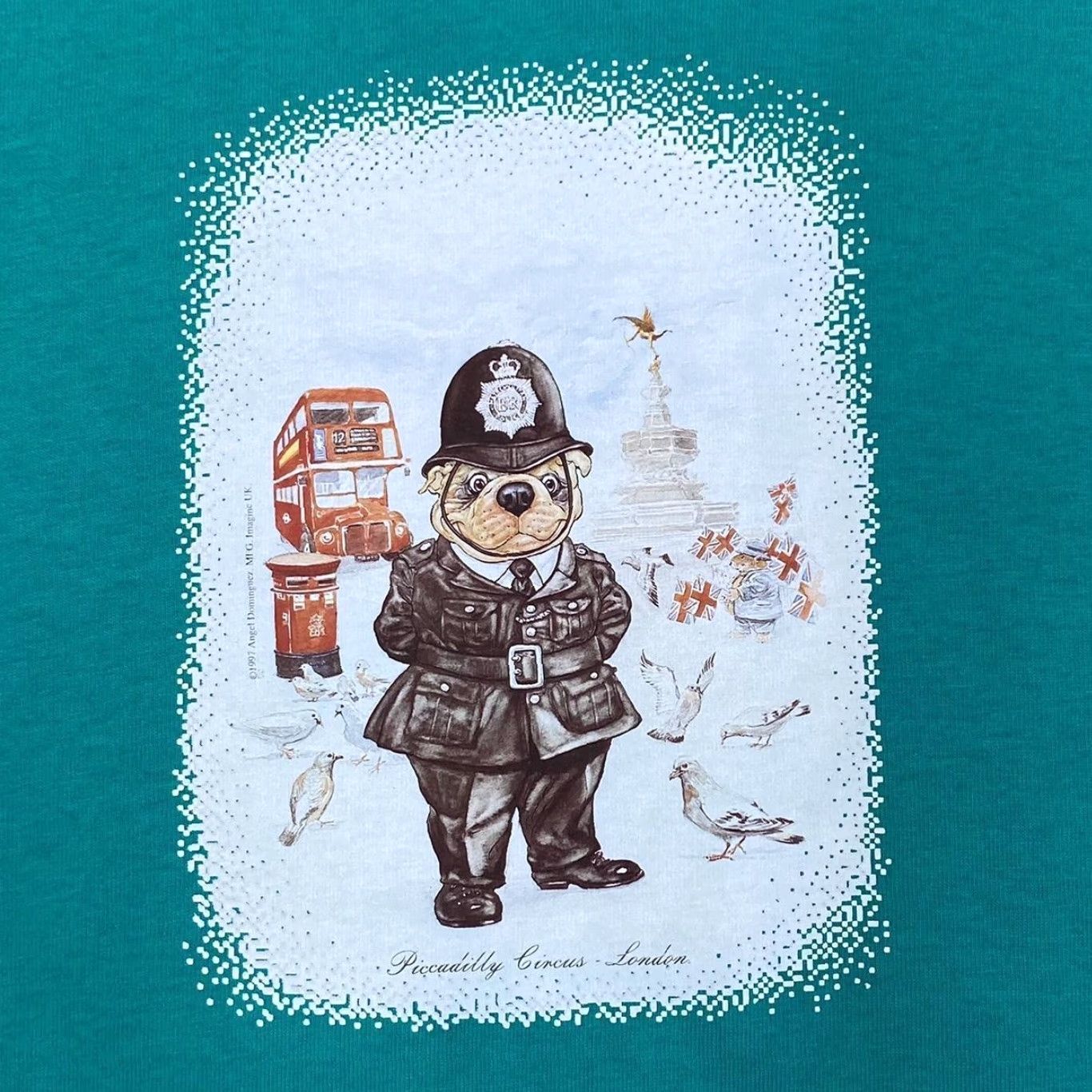 Vintage VINTAGE Screen Stars T-Shirt Graphic Print London Bulldog Police Souvenir Turquoise Small Mens 1997 Piccadilly Circus Century 90s Size US S / EU 44-46 / 1 - 3 Thumbnail