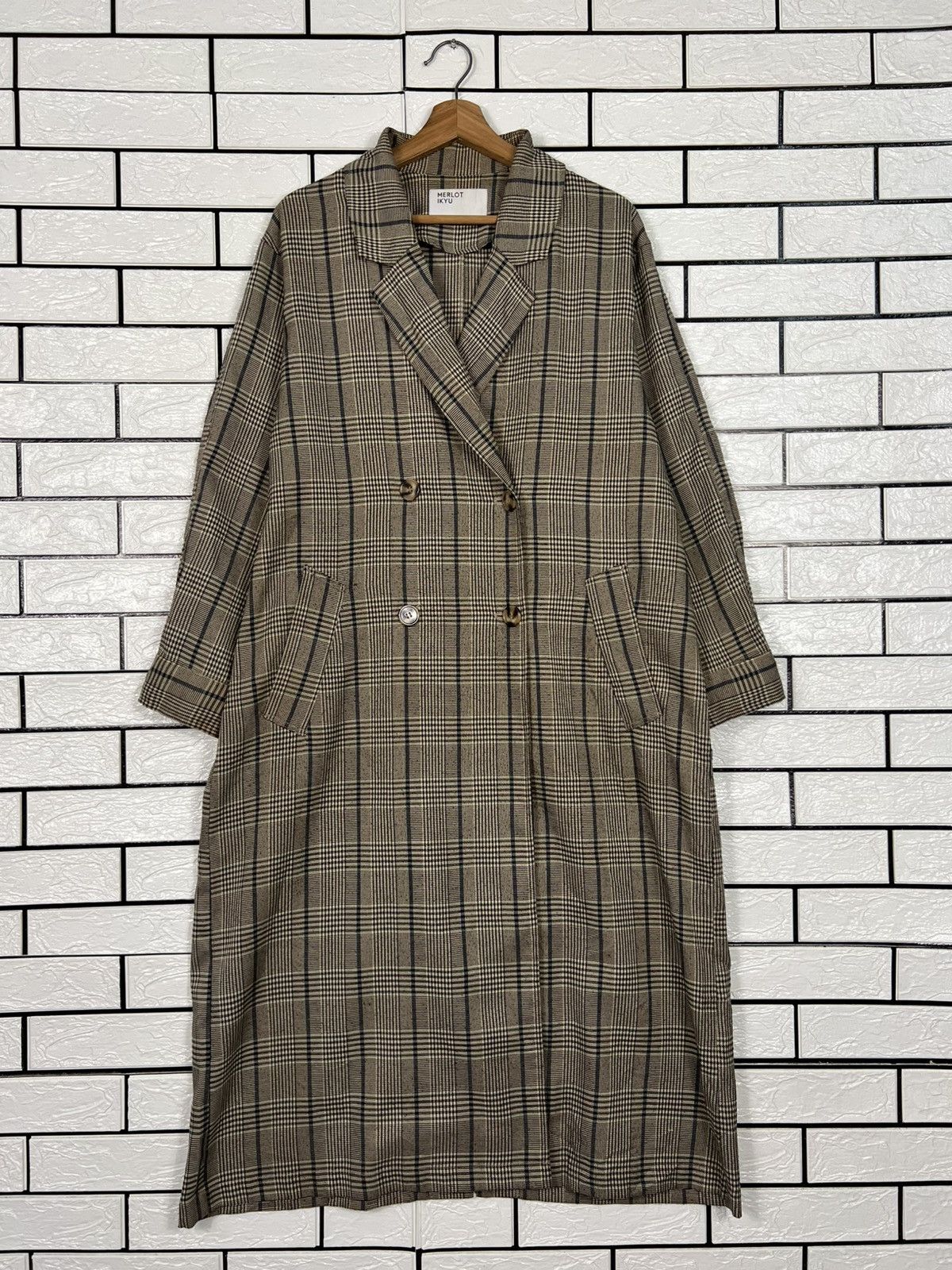 Japanese Brand MERLOT IKYU Checked Plaid Double Breast Long Coat #4150-C189 Size ONE SIZE - 1 Thumbnail