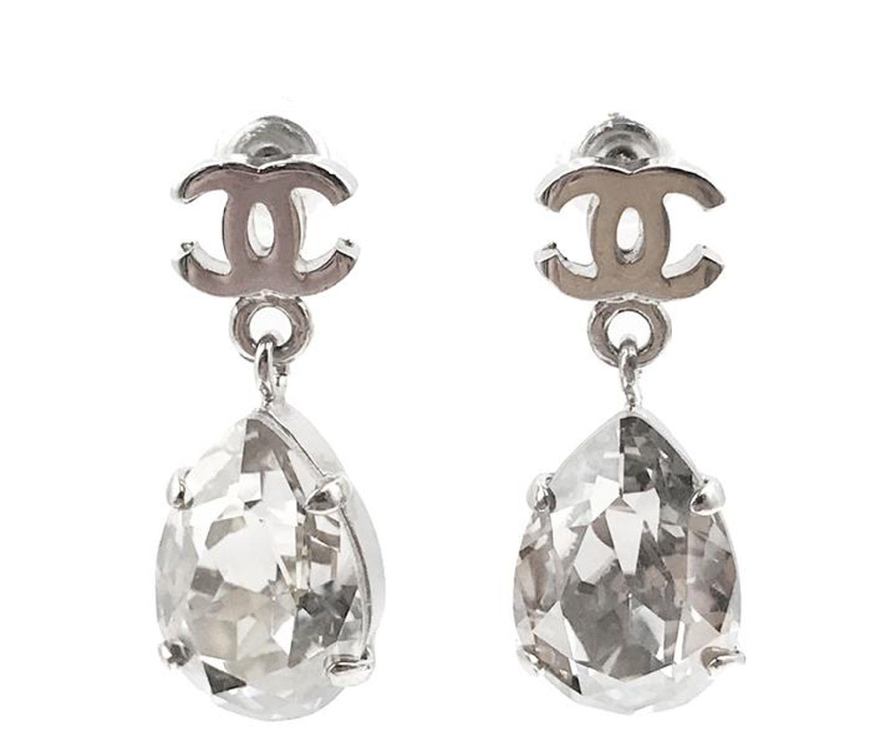 Chanel Chanel Silver CC Tear Drop Crystal Shiny Piercing Earrings Size ONE SIZE - 1 Thumbnail