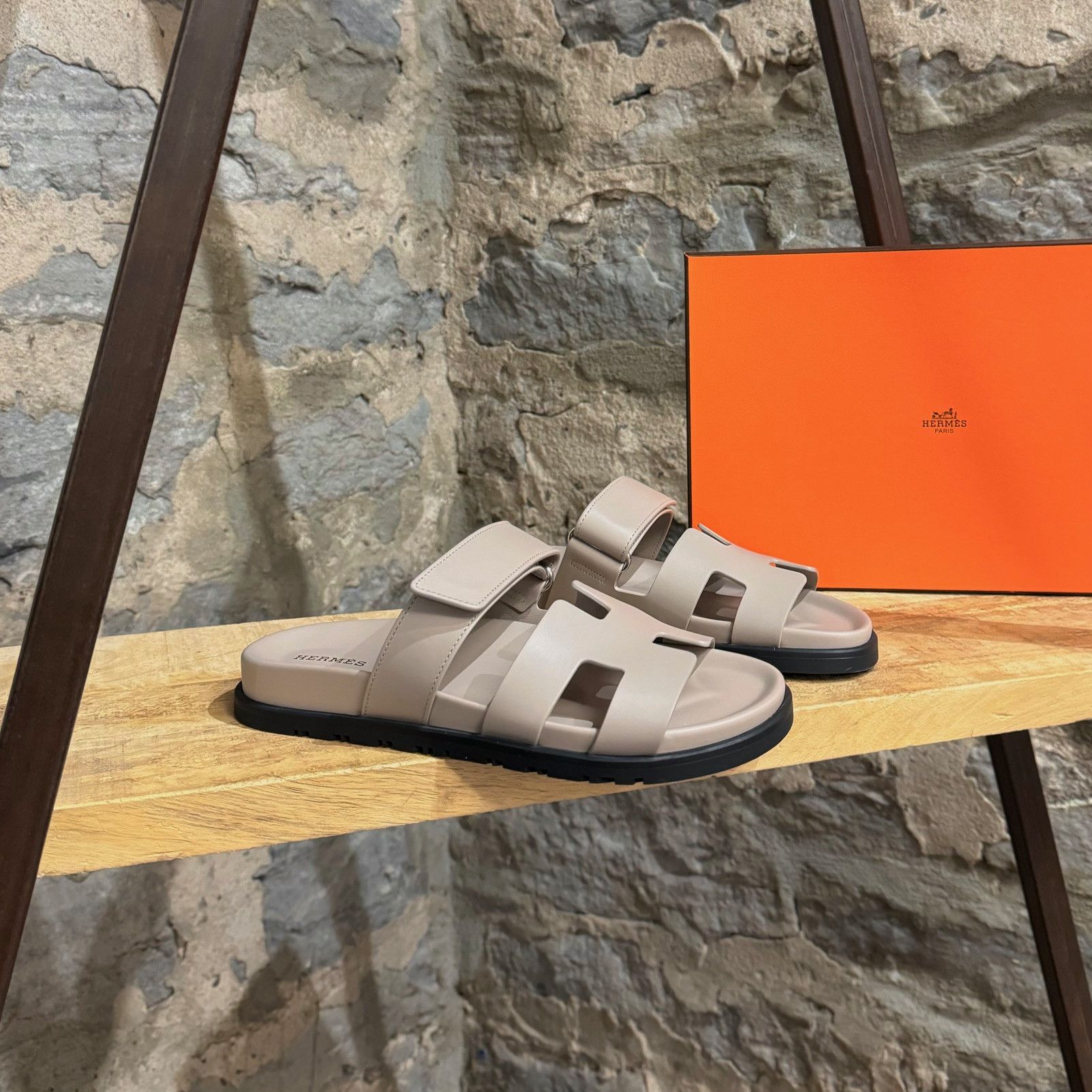 image of Hermes Mastic Beige Calfskin Chypre Techno Sandals, Women's (Size 7)