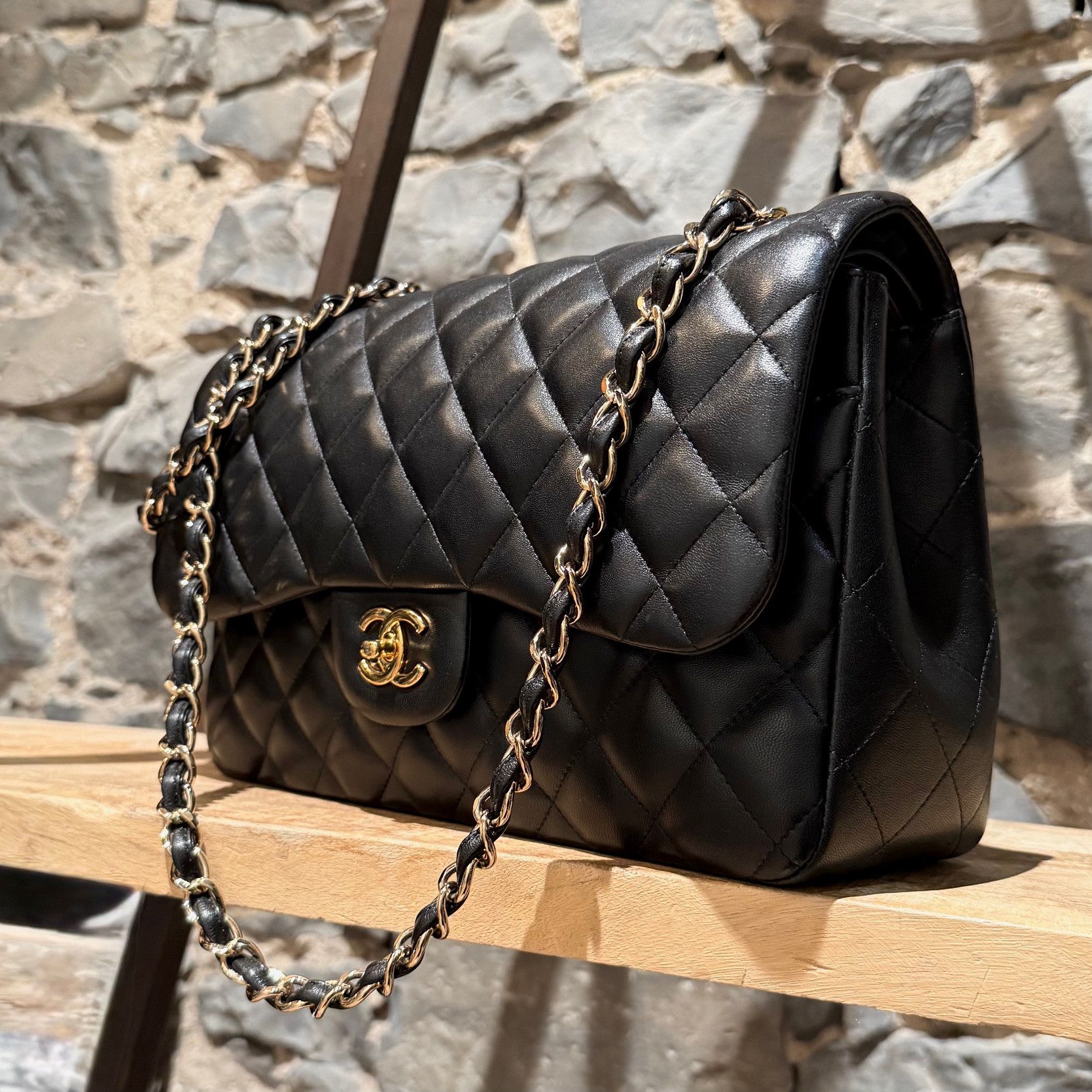 Chanel Black Lambskin GHW Jumbo Classic Double Flap Bag