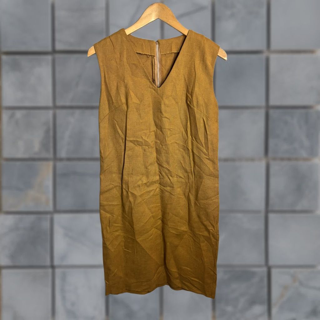 Vintage VTG 80s Talon Zip Dress Womens M Mustard Yellow Sleeveless Shift Linen Look Size M / US 6-8 / IT 42-44 - 1 Thumbnail