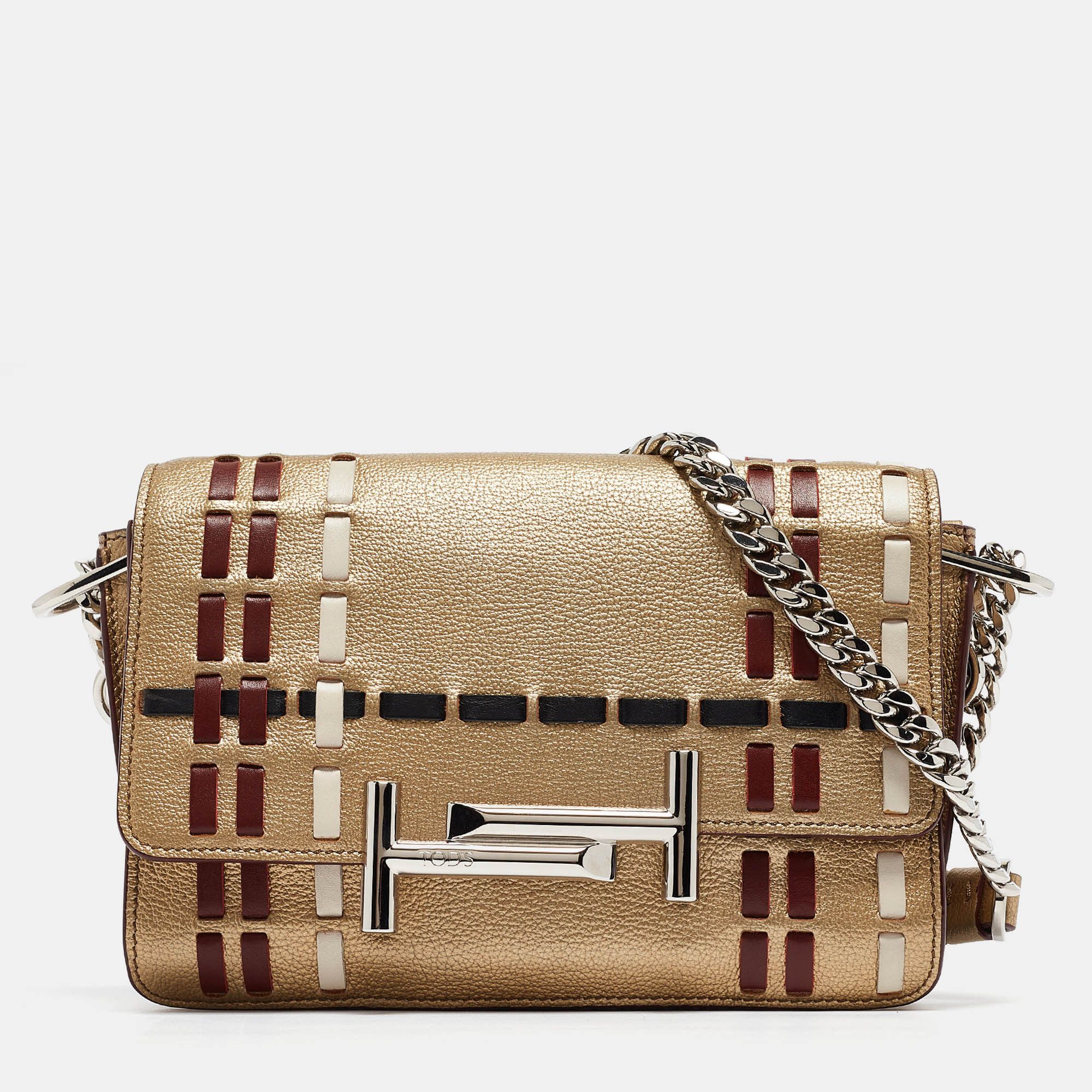 image of Tods Tod's Gold Leather Mini Double T Shoulder Bag, Women's
