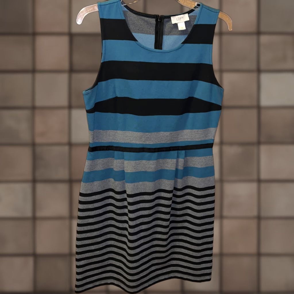 Loft LOFT Striped Green Gray Black Tank Dress Ribbon Waist Pleats Size 8 Women Size M / US 6-8 / IT 42-44 - 1 Thumbnail