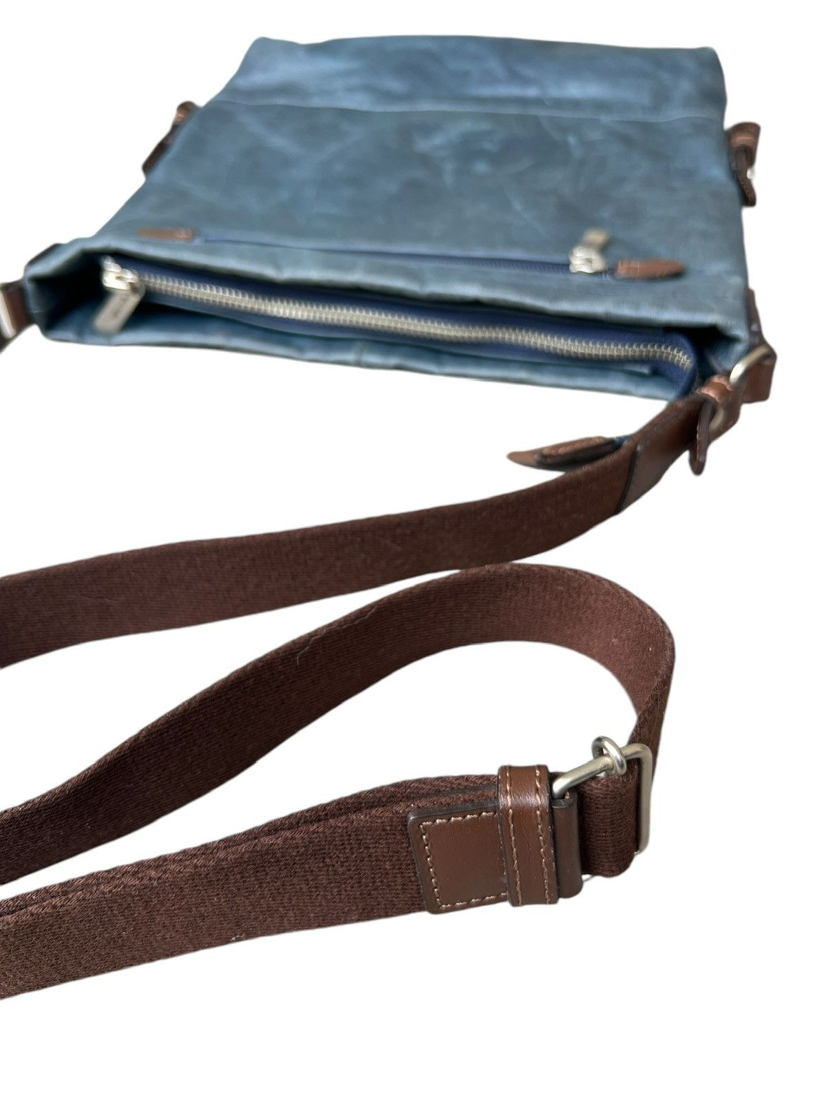 Japanese Brand Artphere Japan Distressed Faded Blue Leather Sling Bag Size ONE SIZE - 8 Thumbnail