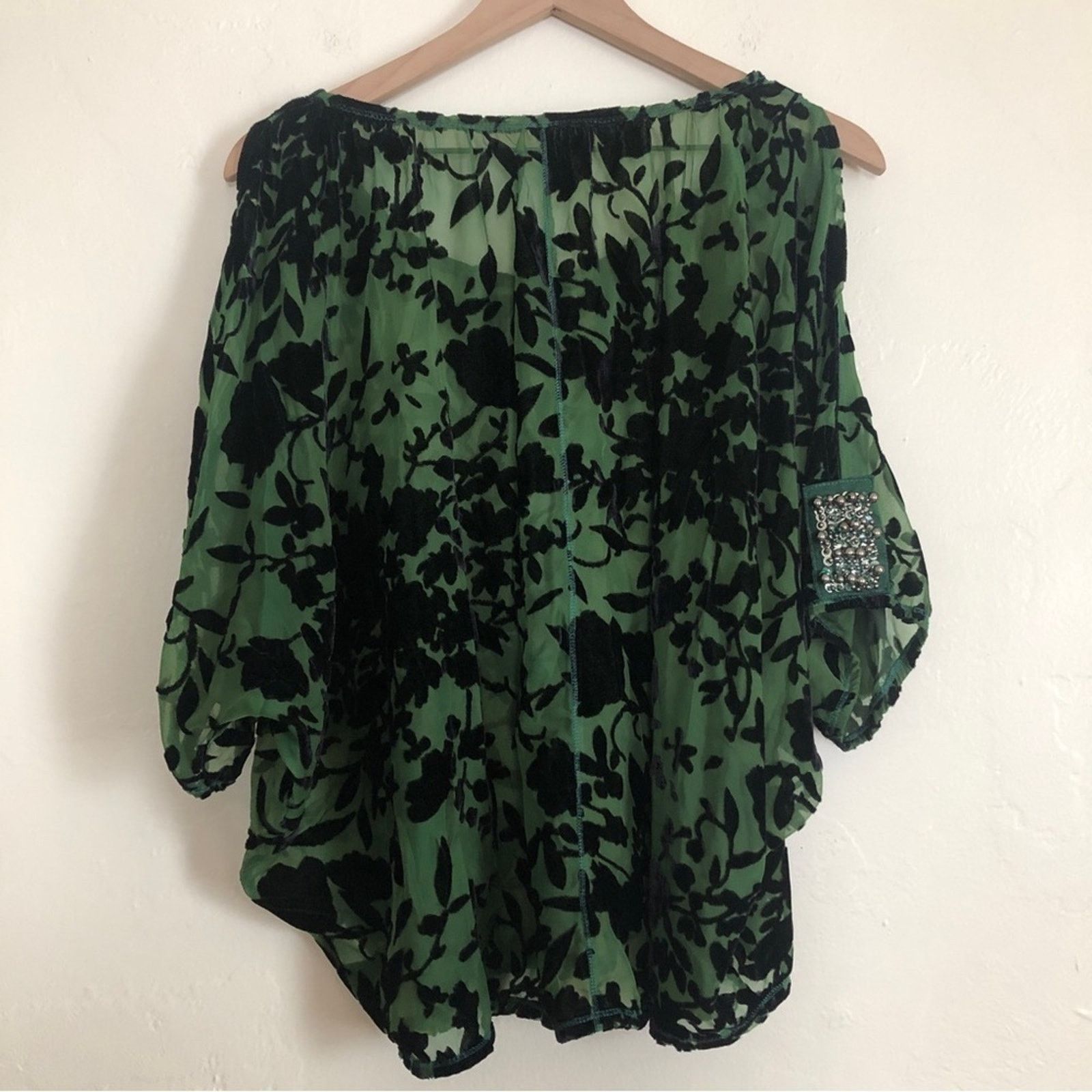 Other Awake Couture Green Black Velvet Velour Floral Blouse Top Size L / US 10 / IT 46 - 8 Thumbnail